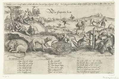 Nukkuva leijona, 1567 Nukkuva leijona (otsikko esineessä) Neljä allegoriaa vuosien 1576-1579 tapahtumista Alankomaissa (sarjan nimi) tekijältä Johannes Wierix (attributed to)