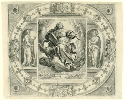 Evankelista Johannes S. Iohañis (otsikko esineessä) Neljä evankelistaa (sarjan nimi) tekijältä Johannes Wierix (rejected attribution)