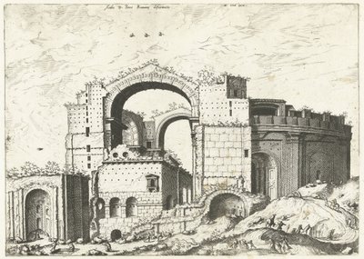 Gezicht op de Sint Pieter Roomassa Aedis D. Peter Romanan muodonmuutos (otsikko esineessä) Rooman rauniot, 1561 (sarjan nimi) tekijältä Johannes of Lucas van Doetechum (attributed to)