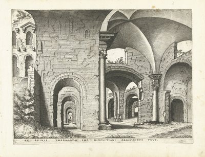 Näkymä Diocletianuksen kylpylöille Rooman rauniot, 1561 (sarjan nimi) tekijältä Johannes of Lucas van Doetechum (attributed to)