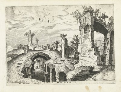 Näkymä Palatinus-kukkulan raunioille Rooman rauniot, 1561 (sarjan nimi) tekijältä Johannes of Lucas van Doetechum (attributed to)