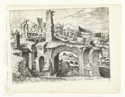 Näkymä Colosseumille Rooman rauniot, 1561 (sarjan nimi) tekijältä Johannes of Lucas van Doetechum (attributed to)