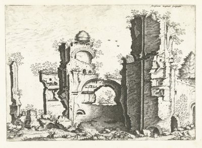 Näkymä raunioille, mahdollisesti Caracallan kylpylöille Rooman rauniot, 1561 (sarjan nimi) tekijältä Johannes of Lucas van Doetechum (attributed to)