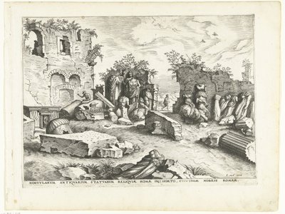 Puutarha, jossa on antiikkipatsaita Rooman rauniot, 1561 (sarjan nimi) tekijältä Johannes of Lucas van Doetechum (attributed to)