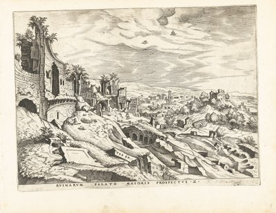 Toinen näkymä Palatinuksen kukkulalle Roomassa Rooman rauniot, 1561 (sarjan nimi) tekijältä Johannes of Lucas van Doetechum (attributed to)