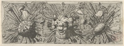 panoplia. Frieze roomalaisilla aseilla, yläosa Panoplia sev armamentarium… (sarjan nimi) tekijältä Johannes of Lucas van Doetechum