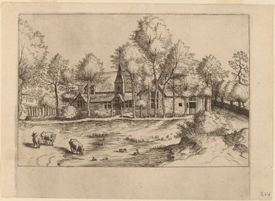 Maalaiskylä kirkon kanssa tekijältä Johannes van Doetechum, the Elder and Lucas