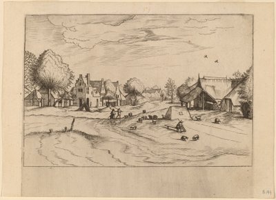 Maalaiskylä lampaiden ja istuvan paimenen kanssa tekijältä Johannes van Doetechum, the Elder and Lucas