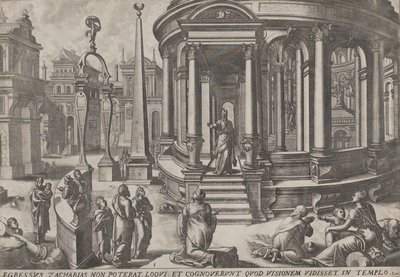 Zacharias Stepping out of the Temple, sarjasta Tapahtumat temppelissä ja sen ympäristössä,..., noin. 1572. Tekijät: Johannes van Doetecum I, Lucas van Doetecum. tekijältä Johannes and Lucas van Doetecum