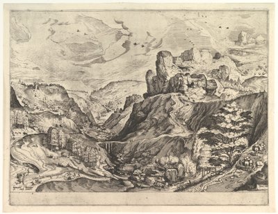 Alpine Landscape ja syvä laakso The Large Landscapesista, n. 1555-56. tekijältä Johannes van Doetecum I