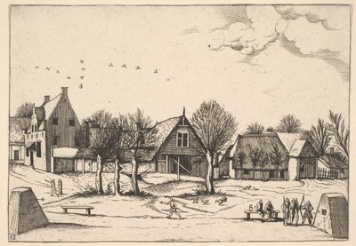Country Village, etualalla jousimiehet Multifariarum casularum ruriumque linea..., 1559-61. tekijältä Johannes van Doetecum I