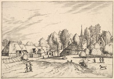 Maaseutukylä ja kirkkotorni Multifariarum casularum maaseudun piirteistä cur..., 1559-61 tekijältä Johannes van Doetecum I