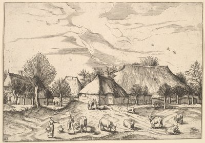 Maatilat, karja paimenet ja maitotytöt etualalla Multifariarum casularu..., 1559-61. tekijältä Johannes van Doetecum I