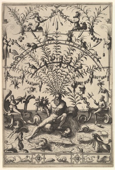 Decoració grotesca moderna amb un déu fluvial, 1557. finlandès tekijältä Johannes van Doetecum I