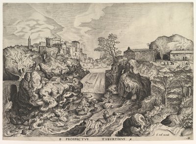 Näkymä Tiber Tivoli Prospektus Tyburtinukselle The Large Landscapesista, n. 1555-56. tekijältä Johannes van Doetecum I