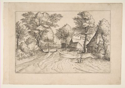 Village Road, jossa on maatila ja vajaita, sarjasta Pienet maisemat Multifariaru..., 1559-61. tekijältä Johannes van Doetecum I