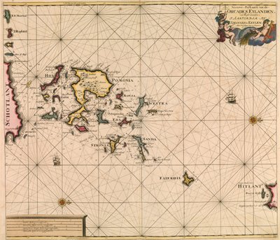 Orcades Eylanden (Orkneysaaret) kartta van Keulenin teoksesta "Great and Newly Enlarged Sea Atlas". tekijältä Johannes van Keulen