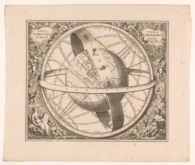 Hemelkaart van de aarde volgens het stelsel van Ptolemaeus Maan sijainti taivaallisten ympyröiden ympäröimänä (otsikko esineessä) tekijältä Johannes van Loon