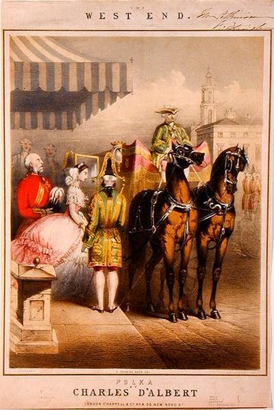 A Drawing Room Day, musiikkikansi "West End Polkaan", kaiverrus M & N Hanhart, n. 1860 (väri litho) tekijältä John (after) Brandard