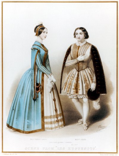 Pauline Viardot-Garcia, espanjalaissyntyinen ranskalainen mezzosopraano ja säveltäjä ja Marietta Alboni, italialainen kontralto, Meyerbeerin Les Huguenots -elokuvan I näytös, kohtaus 9 tekijältä John (after) Brandard