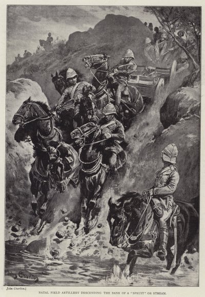 Natal Field Artillery laskeutuu "Spruit" tai -virran pankista (litho) tekijältä John (after) Charlton