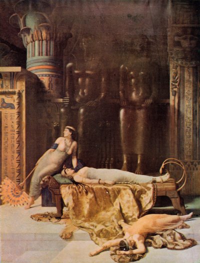 Shakespeare: Kleopatran kuolema, Antonius ja Kleopatra, V näytös, kohtaus 2 (värilitho) tekijältä John (after) Collier
