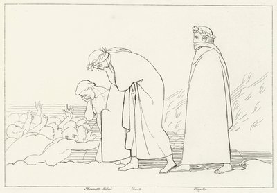 Dante keskustelee opettajansa kanssa, Inferno, Canto 15 (kaiverrus) tekijältä John (after) Flaxman