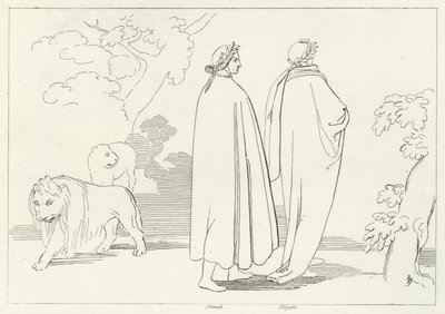 Sisääntulo pimeään puuhun, Inferno, Canto 1 (kaiverrus) tekijältä John (after) Flaxman