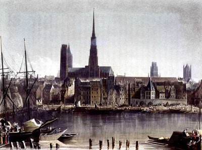 Näkymä Rouenista, teoksesta Views on the Seine, kaiverrus Thomas Sutherland (s.1785), julkaisija R. Ackermann (1764-1834) 1821 (värilitho) tekijältä John (after) Gendall