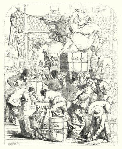 Tavaroiden saapuminen näytteillepantavaksi vuoden 1851 suureen näyttelyyn, Crystal Palace, Hyde Park, Lontoo (kaiverrus) tekijältä John (after) Gilbert
