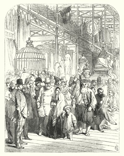 Näytteilleasettajat ja vierailijat Crystal Palacessa, Hyde Parkissa, Lontoossa, vuoden 1851 suuren näyttelyn paikka (kaiverrus) tekijältä John (after) Gilbert