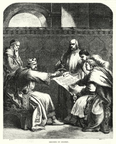 Kuningas John kieltäytyi allekirjoittamasta Magna Chartaa Oxfordissa vuonna 1215 (kaiverrus) tekijältä John (after) Gilbert
