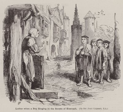 Martin Luther, kun poika lauloi Eisenachin kaduilla (kaiverrus) tekijältä John (after) Gilbert
