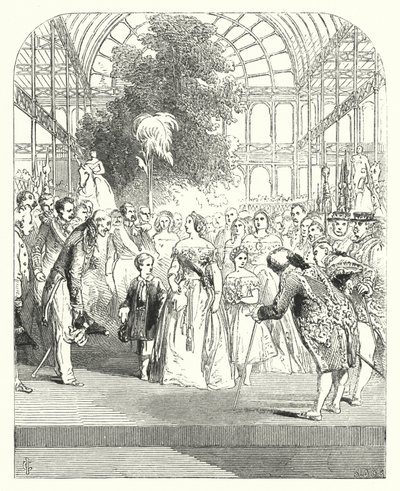 Kuningatar Victoria ja hänen lapsensa vierailemassa suuressa näyttelyssä 1851, Crystal Palace, Hyde Park, Lontoo (kaiverrus) tekijältä John (after) Gilbert