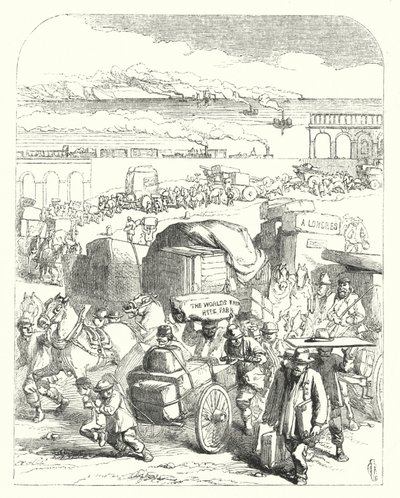 Laivat ja junat tuovat kävijöitä vuoden 1851 suureen näyttelyyn, Crystal Palace, Hyde Park, Lontoo (kaiverrus) tekijältä John (after) Gilbert