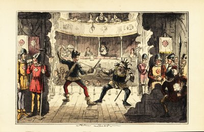 Näyttelijät, jotka esittävät Henry Tudoria taistelemassa Englannin kuningas Richard III:ta vastaan teatterin lavalla tekijältä John (after) Leech