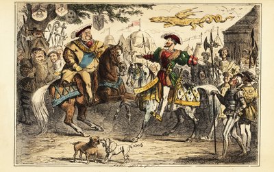 Englantilainen Henrik VIII tapasi ranskalaisen Francis I:n hevosen selässä kultakankaalla, 7. kesäkuuta 1520 tekijältä John (after) Leech