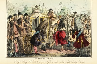 Englannin kuningas Yrjö I astuu kuninkaalliseen linja-autoon Osnabrückiin kuolemansa yönä 22. kesäkuuta 1727 tekijältä John (after) Leech