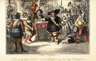 Oliver Cromwell poistaa nuijan alahuoneesta ja hajottaa Rump-parlamentin vuonna 1653 tekijältä John (after) Leech