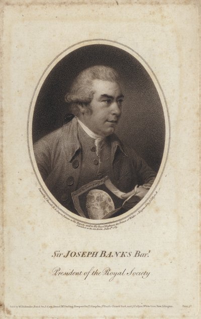 Sir Joseph Banks, englantilainen luonnontieteilijä, kasvitieteilijä ja Royal Societyn presidentti (kaiverrus) tekijältä John (after) Russell