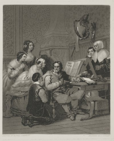 Cromwellin perhe rukoilee Charles I:n elämän puolesta, vedos Alfred Johannot (mezzotint) tekijältä John (after) Sartain