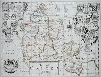 John Oliverin ja Richard Palmerin kaiverrettu ja käsin värjätty Oxfordshiren kartta, julkaisija Philip Lea, n. 1690 (värikaiverrus) tekijältä John (after) Sellar