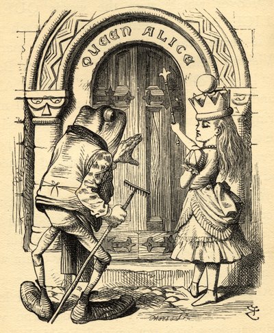 Liisa ja sammakko, kuvitus Lewis Carrollin (1832-98) teoksesta Through the Looking Glass, julkaistu ensimmäisen kerran 1871 (litho) tekijältä John (after) Tenniel