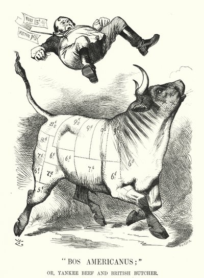 Punch sarjakuva: Bos Americanus; tai Yankee Beef ja British Butcher – odotetut hyödyt amerikkalaisen lihan tuomisesta kuluttajille (kaiverrus) tekijältä John (after) Tenniel