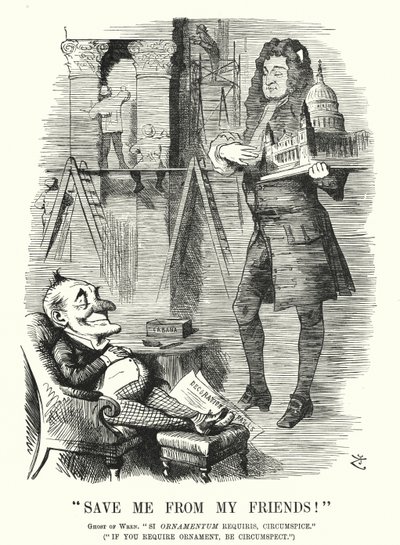 Punch-sarjakuva: Pelasta minut ystävistäni - Sir Christopher Wrenin haamu ja Lontoon St Paulin katedraalin koristelu (kaiverrus) tekijältä John (after) Tenniel