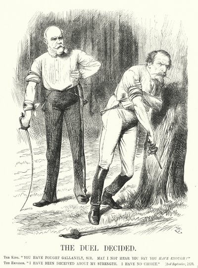 Punch-sarjakuva: Kaksintaistelu päätetty - Ranskan tappio Ranskan ja Preussin sodassa (kaiverrus) tekijältä John (after) Tenniel