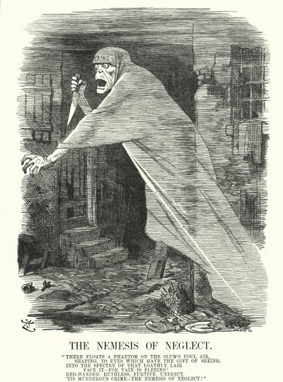 Punch-sarjakuva: Laiminlyönnin Nemesis - köyhyys ja rikollisuus Lontoossa Viiltäjä-Jackin murhien aikaan (kaiverrus) tekijältä John (after) Tenniel