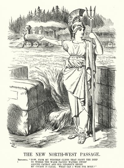 Punch-sarjakuva: Uusi Luoteisväylä - Kanadan Tyynenmeren rautatie (kaiverrus) tekijältä John (after) Tenniel