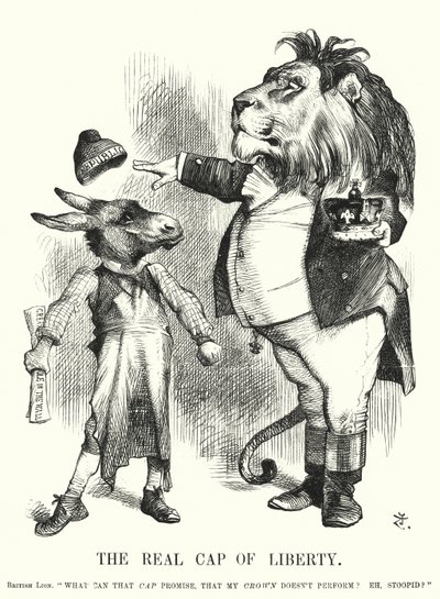 Punch-sarjakuva: The Real Cap of Liberty – Ison-Britannian perustuslaillisen monarkian ylivoima republikanismiin nähden (kaiverrus) tekijältä John (after) Tenniel