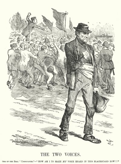 Punch-sarjakuva: The Two Voices - työttömyys ja sosiaaliset levottomuudet viktoriaanisessa Britanniassa (kaiverrus) tekijältä John (after) Tenniel